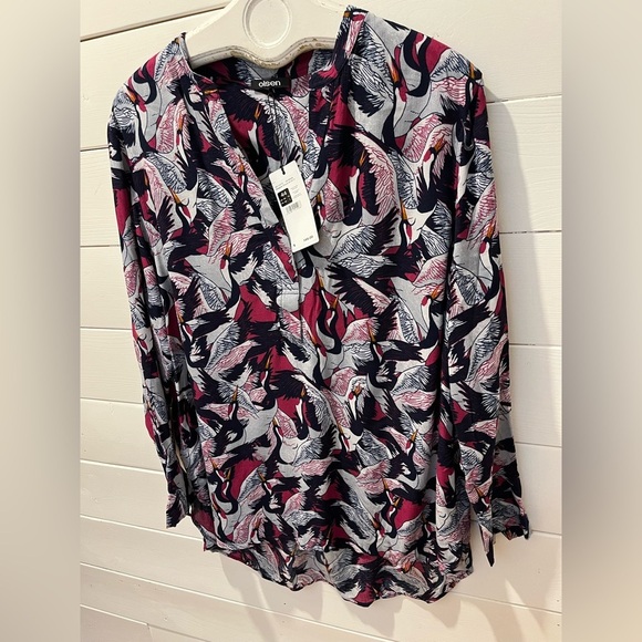 💜 OLSEN Printed Blouse with Crane Pattern – NWT – Size US 14 - Picture 7 of 8